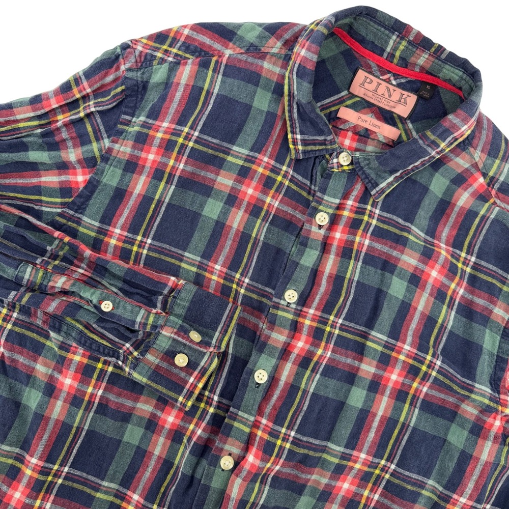 Thomas Pink Linen Shirt Mens XL‎ Navy Red Green Plaid Long Sleeve Button Down